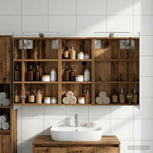 GeenYuu Set di mobili da bagno in legno 3 pezzi 110 x 10,5 x 60,5 cm con illuminazione a LED, specchio bidirezionale, 6 ripiani, montaggio a parete per mobili da bagno, lavandino, spazio di