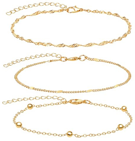 RAHHLIZS 3PCS Gold Ankle Bracelets for Women,Cuban Link Anklets, Waterproof Layered Ankle Bracelets Set, Adjustable Foot Jewelry for Women Summer Beach