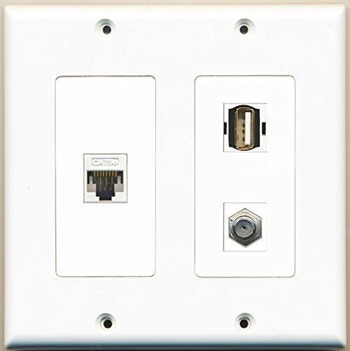 RiteAV - Cavo coassiale TV, tipo F, 1 porta USB A-A, 1 porta Cat5e Ethernet, colore: Bianco