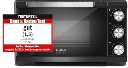 CASO TO 20 - Design Backofen, 5-fach Funktion: Umluft, Drehspieß mit Motor, Oberhitze, Unterhitze, Oberund Unterhitze, Stufenlose Temperatureinstellung von 70 - 230 °C, Timer 0 – 120 Minuten