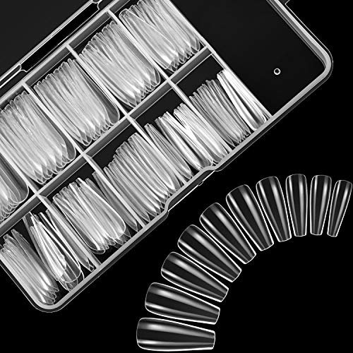 Ballerina Nails Long False Nails Coffin Fake Nails Full Cover Length 100 Pieces Artificial Fingernails Tip with Case for Nail Salons and DIY Nail Art, 10 Sizes (Clear)