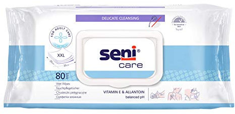 SENI CARE - 640 x extra dicke Feuchtpflegetücher (20x30 cm) Körperreinigungstücher mit Vitamin E - 8 Packungen mit je 80 Stück