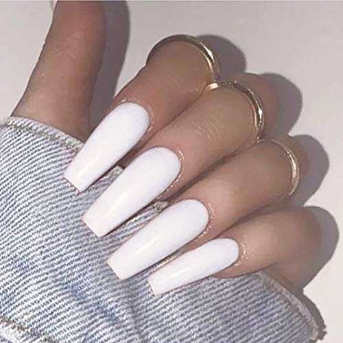 Brishow Sarg Künstliche nägel Lange Falsche Nägel Reine Farbe Ballerina Glänzende Vollabdeckung Acryl Falsche Nagelspitzen 20Pcs für Frauen und Mädchen (Weiß)