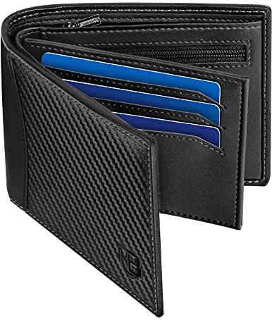 BIAL Men's RFID Blocking Bifold Leather Wallet - Slim Wallet with ID Window, Zip Coin Pocket, 9 Card Slots, 2 Banknote Compartments, Gift Box Included（Black）