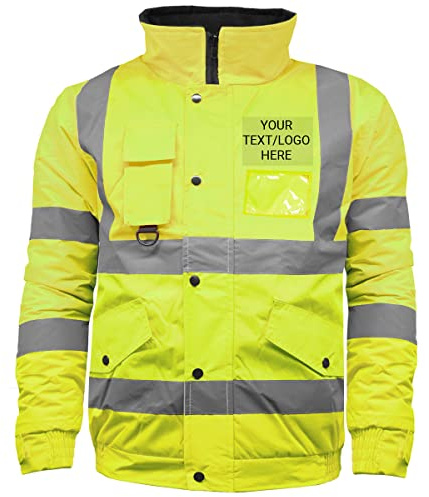 G5 APPAREL Personalised Hi Vis Safety Security Waterproof Padded Workwear Bomber Jacket - Print Your Text/Logo (L, Yellow)