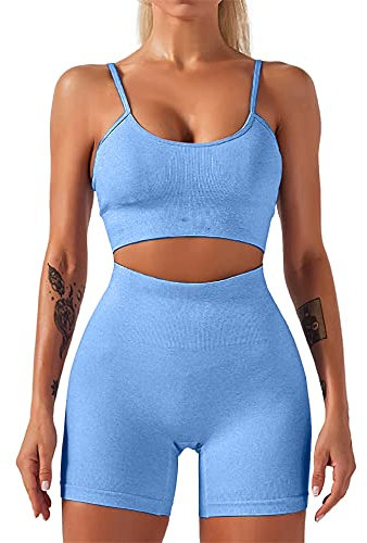 HANERDUN Damen Sportanzüge 2 Stücke Nahtlose Outfit Traingsanzug Jogginganzug Tiefem V und Leggings Bekleidungssets Yoga Outfit Freizeitanzug Sportswear