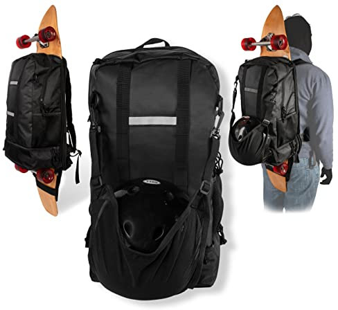 Faltbarer elektrischer Skateboard-Rucksack für Longboard oder Skateboard jeder Größe,großer wasserdichter Reise-Skateboard-Rucksack mit Fächern für Laptop, Helm, Telefon, Schwarz, Modern