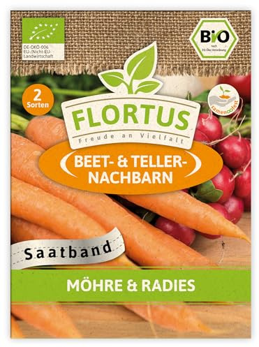 FLORTUS Möhre & Radies Saatband | 3 BIO Saatbänder | Samenband zum Gemüse züchten mit BIO Möhren und Radieschen Samen | Karotten und Radieschen Saatband ideal für Anfänger
