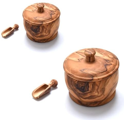 Lot de 2 Sucriers ou boites à épices avec 2 doseurs Zerazi | Bois d’Olivier | Écologique | Entièrement Fabriqué À La Main | Durable | Hygiénique