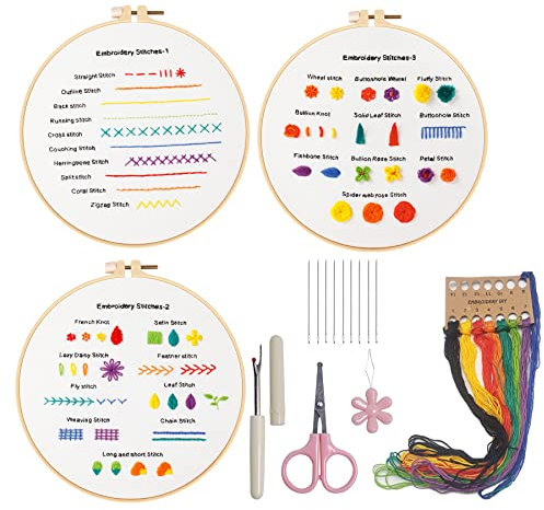 Huimai Stickset für Anfänger 3 Stück Sticken Lernen Stickerei Stich Praxis Kits, 30 Verschiedene Stiche für DIY Handmade Embroidery Starter und Erwachsene