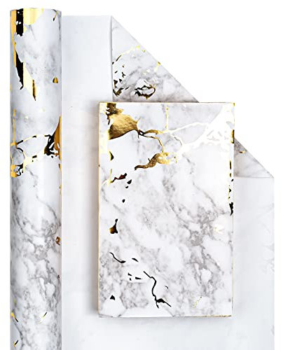 RUSPEPA Geschenkpapierrolle – 43,2 cm X 10 m, Weißer Marmor Mit Goldfolien-Design, Perfekt Für Geburtstag, Urlaub, Hochzeit, Babyparty
