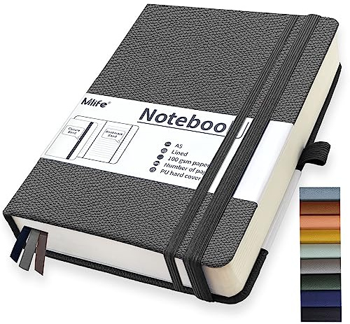 Mlife A5 liniert Journal Notizbuch,360 Seiten Und 100g/M² Tintenfestes Papier,Hardcover Collegeblock Notizblock,Notizbücher Mit Falttasche Für Büro Schule Zuhause Schreiben&Notizen(Grey)