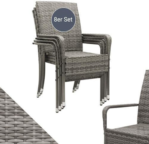 Juskys Polyrattan Gartenstühle Yoro 8er Set mit Armlehnen & Rückenlehne - 8 Stühle stapelbar - Rattan Stuhl Garten - Stapelstuhl Grau-meliert