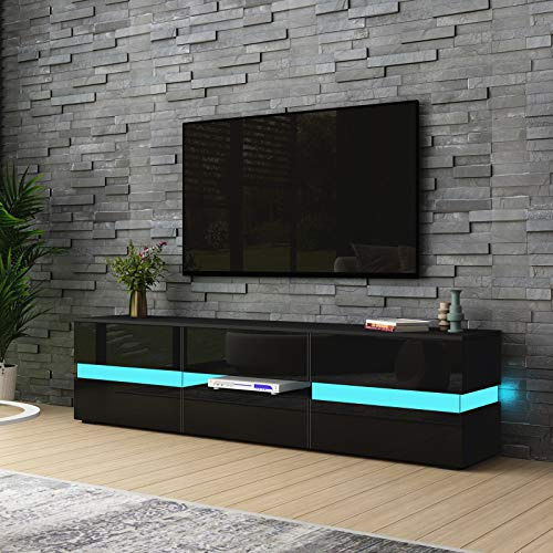 TV Units for Living Room, TV Stand Unit Black Matt Body High Gloss Front | 2 Doors, 1 Drawer, TV Cabinet 177cm, RGB LED Light