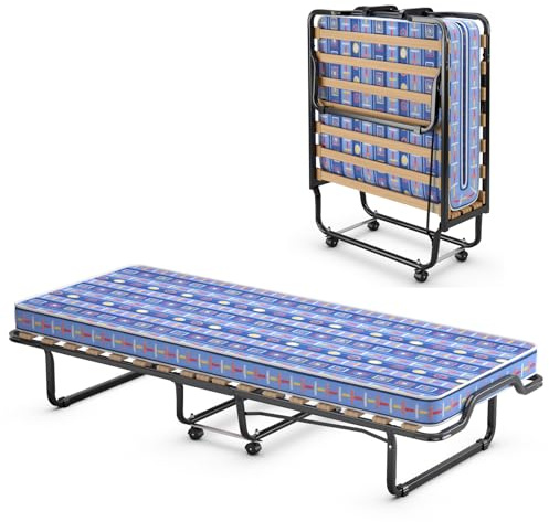 GIANTEX Letto per gli ospiti pieghevole, 80 x 200 cm, per adulti, letto da viaggio con materasso in memory foam, letto singolo, 4 ruote, pieghevole in metallo, portata fino a 120 kg (blu)