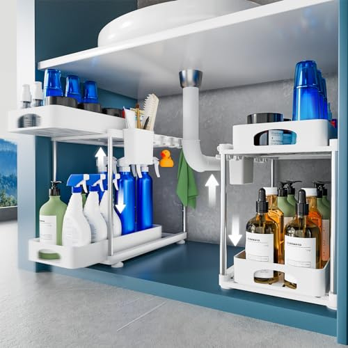 VERIFOST 2 Pack Spülschrank Organizer, 2 Tier Unterschrank Organizer mit Zwei Ausziehbaren Schubladen, höhenverstellbar Spülenunterschrank Organizer für Küche, Bad, Schrank, Weiß
