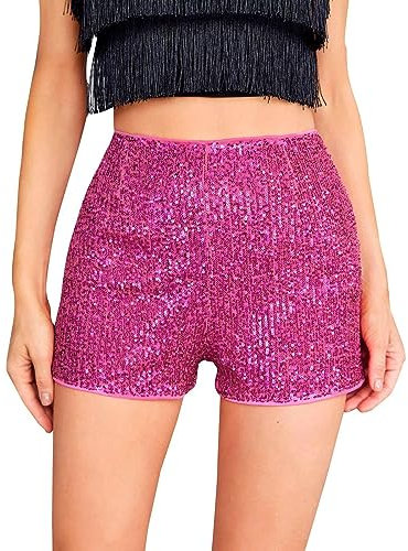 Duohropke Shorts Damen Sommer Elegant Glitzer Hosen Sexy Bodycon Mini Shorts mit Pailletten Vintage High Waist Kurze Shorts