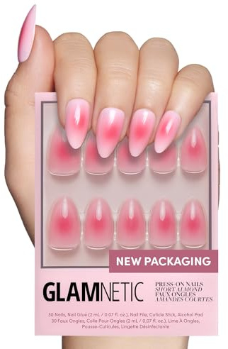 Glamnetic Press On Nails - Blushing Aura | Short Almond Trendy Pink with Ombre Center Nails in a Glossy Finish | 15 Sizes - 30 Nail Kit with Glue