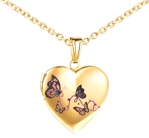 INFINIONLY Colliers Médaillons Cœur en Acier Inoxydable pour Femme Fille Enfant Pendentif Papillon Coloré Collier Souvenir Photo Personnalisé, Or