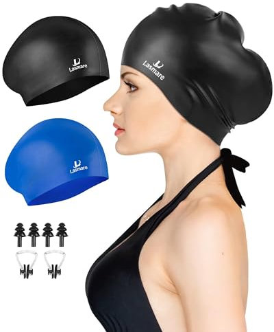 Lasmare Langes Haar Badekappe Damen 2 Pack, Silikon Bademütze für Unisex, Erwachsene, Damen und Herren mit Ohrstöpseln und Nasenklammer Set, wasserdichte Badekappe für Erwachsene (Schwarz + Blau)