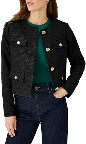 YEXPINE Cropped Tweed Blazer Jackets for Women Elegant Slim Collarless Business Casual Outfits Spring Jackets Black
