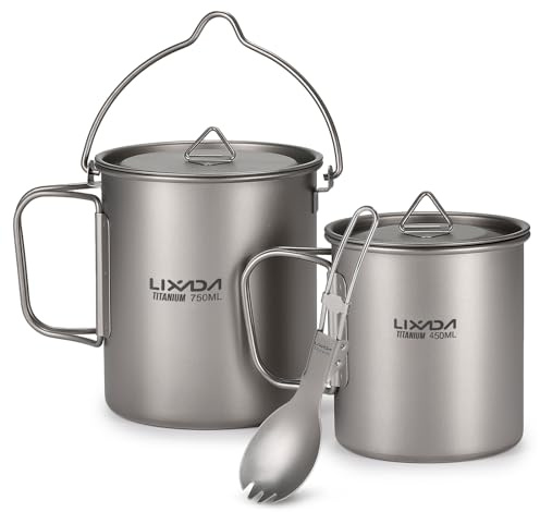 Lixada Titanium Pot Water Cup 3 Piece Set 750ml Pot and 450ml Water Cup Mug with Lid Collapsible Handle Folding Spork