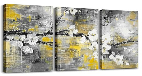 Juego de 3 lienzos de graffiti amarillo y gris degradado, pintura de ciruelo para decoración de pared para dormitorio, sala de estar, estilo abstracto moderno, pintura al óleo, arte de pared, jardín,