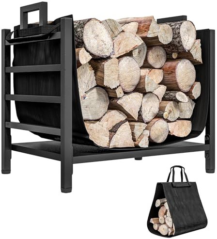 Outsunny Kaminholzregal 49 x 34 x 44 cm Brennholzregal mit abnehmbarem Tragebeutel, Feuerholzregal für Outdoor, Indoor, bis 50 kg, Metall, Schwarz