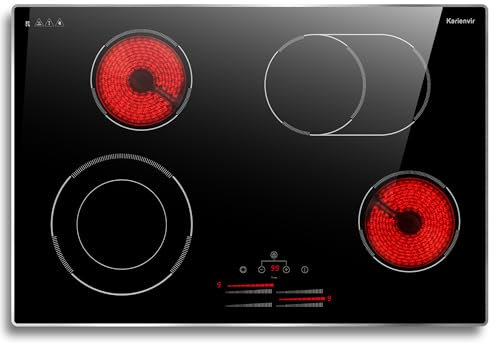Karienvir Plaque Vitrocéramique 4 Feux 77cm, Table de Cuisson Vitrocéramique Encastrable avec Zone d'expansion, Commande à glissière, Minuterie, Verrouillage de sécurité, 9 Niveaux de puissance, 6800W