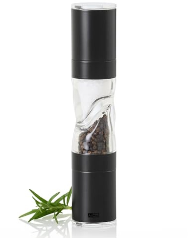 AdHoc Duomill Pure Pfeffer- & Salzmühle, Premium 2-in-1 Doppelmühle | langlebiges Keramikmahlwerk für Salz & Pfeffer, Mahlgrad von fein bis grob stufenlos verstellbar, Aromaschutzkappen, Schwarz