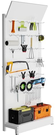 Lhysn Metal Pegboard Organizer, with 30 Hooks, 85x36x13 in, Can Bear 330lb Weight, Portable Garage Storage Box Rack, Phone Accessories Metal, for DIY, Mobile Phone Shop (White)