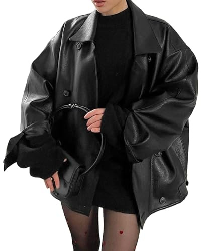 Molilove Womens Faux Leather Jacket Button Down Oversized Motorcycle Bomber Jacket Fall Fashion Winter Coat Outerwear