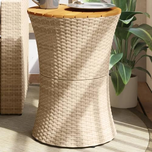 LXYZWRW Outdoor-Tische, Garten-Beistelltisch, Trommelform, Polyrattan und Massivholz, Beige