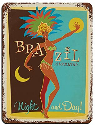 KZIWQ Blechschild im Vintage-Stil, Motiv: Reise, Brasilien, Karneval, Vintage, Metall, Pub, Club, Café, Bar, Zuhause, Wandkunst, Dekoration, Poster, Retro, 15 x 30 cm