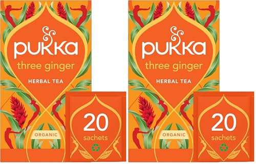Pukka Tisane, Three Ginger, Tisana ai tre Tipi di Zenzero, 100% Biologico, Senza Caffeina, Ingredienti 100% Naturali, Aiuta a Regolare la Digestione e a Riscaldarsi, 20 Filtri (Confezione da 2)