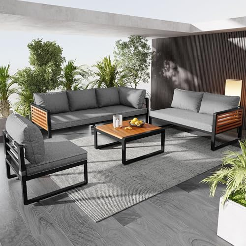 Gartenlounge-Set,Gartensofa-Set für 5-6 Personen, Modernes Outdoor-Sofa-Set, Gartenmöbel-Set mit verzinktem Eisenrahmen,dekorative Armlehnen aus Holz,Loungemöbel, Balkonset , Garten & Terrasse