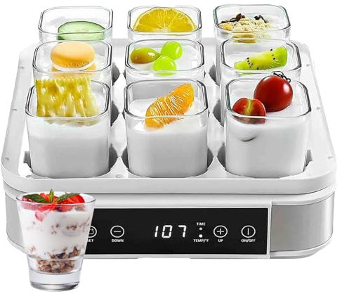 Yaourtière Automatique,Yaourtière en Acier Inoxydable,avec 9 Pots en Verre et écran Tactile Intelligent,avec ContrôLe de La Tempé Rature et Temps, pour Préparer des Desserts Maison Frais