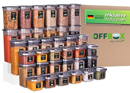 OFFBOX Vorratsdosen mit Deckel luftdicht | 36er Mix Vorratsbehälter Set | BPA-frei | Aufbewahrungsbox Küche für Mehl, Müsli & Zucker | Stapelbar, platzsparend | Lebensmittelaufbewahrung