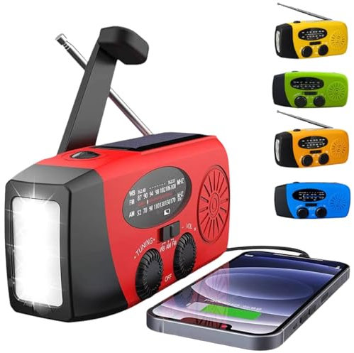 Wind Up Solar Radio, Emergency Radio, Portable Hand Crank Radio, AM/FM Radio with LED Torch, 2000mAh Rechargeable Power Bank, SOS Alarm, USB Phone Charger, Emergency Use for Camping Hiking (red)