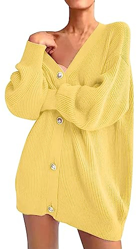 Maglione da donna, oversize, scollo a V, lungo, grande, a maniche lunghe, leggero, elasticizzato, con bottoni, cardigan, cardigan, cardigan, cardigan aperto sul davanti, giallo., XL