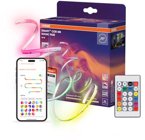 Osram SMART WIFI COB, 5M, Magic RGB, flexibler LED-Lichtstreifen, Steuerung via WLAN, COB-Technologie für gleichmäßige, intensive Lichtausgabe, mit Fernbedienung, 35W, IP20, LED nicht austauschbar
