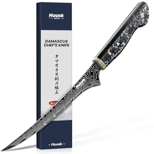 Huusk Damascus Fillet Knife 7 Inch, Ultra Sharp Japanese Boning Knife for Meat Poultry Chicken Trimming, Fish Knives with Resin Handle, Christmas Gifts for Men Women