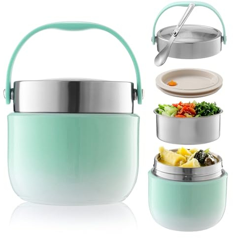 BUCOMTU Thermos per Alimenti 1200 ml Contenitore Termico per Alimenti con Cucchiaio Pieghevole Porta Pappa Termico per conservare zuppe, porridge,Riso (Verde)