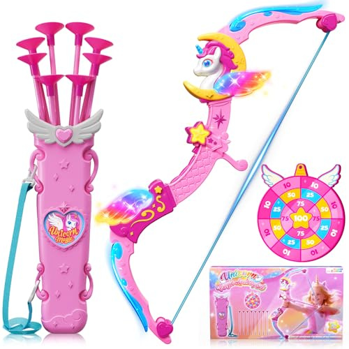 Juguetes de Unicornio para Niñas 3-12 Años, Arco con 6 Luces Mágicas, Carcaj de Ensueño & Target Princesa, 8 Flechas Rosas de Ventosa, Regalo Cumpleaños Navidad Juegos Niña 3 4 5 6 7 8 9 10 11 12 Años