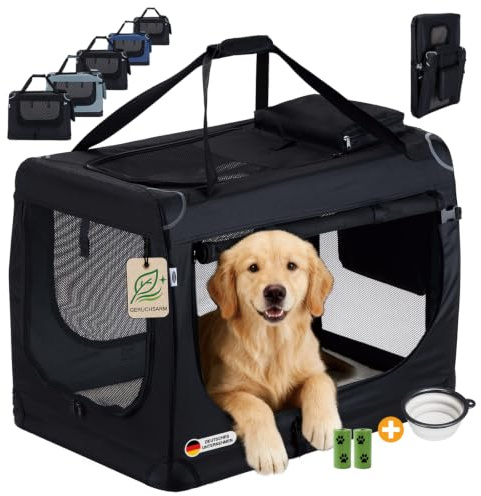 Zedelmaier Hundebox Auto, faltbar, geruchsarm, 80 x 56 x 58 cm, Schwarz | Große Netzfenster, Seitentaschen, Napf, Kotbeutel; faltbare Hundetransportbox für Hund, Rückbank, Zuhause und unterwegs
