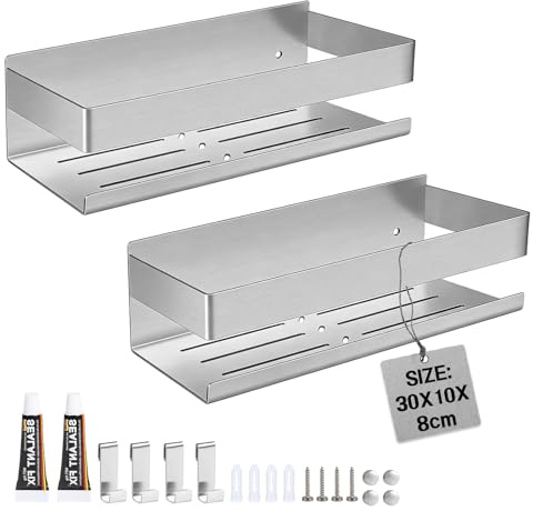 EXLECO 2X 30CM Duschablage Ohne Bohren Duschregal Wand Edelstahl Badregal mit 8 Haken Duschkorb zum Bohren Bad Regal Badezimmer Aufbewahrung Wandregal für Shampoo Duschgel 7.5cm Hoch Gebürstet Silber