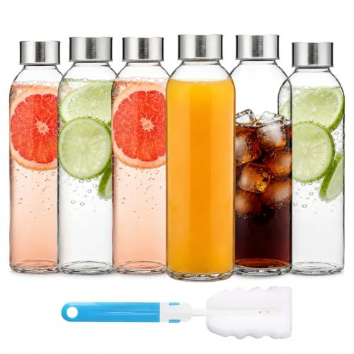 LLHONG Glass Water Bottles with Lids, Glass Juice Bottles 500ml, Leakproof | Beverage Container with Stainless Steel Airtight Cap | for Refrigerator Juicing Sauce Jar Hot & Cold Drinks | with Brush