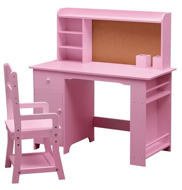 RBFGYIOP Set scrivania e sedia per bambini in legno - Con mensola portaoggetti, bacheca e cassettiera - Tavolo ideale per studio e disegno - Perfetto per bambini e bambine 3-8 anni - Per cameretta o