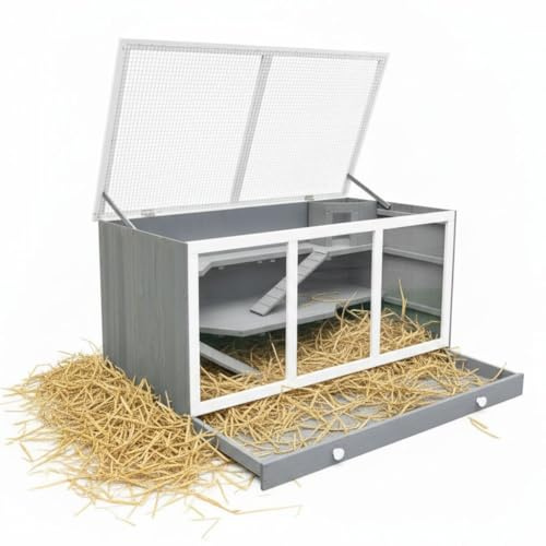 Melko Nagerkäfig Kleintierkäfig XXL 3-stöckig Plexiglas 117x63x58 cm Holz | Fichtenholz mit Drahtgitter, integriertes Rückzugshaus, Ebenen durch Stege verbunden, leicht zu reinigen, für Kaninchen, Grau
