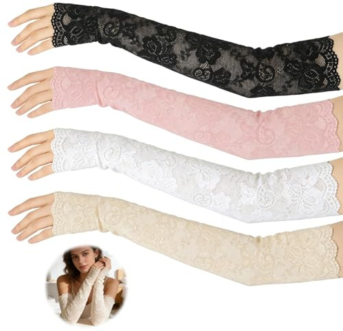 Elegante Armstulpen Damen aus Spitze, Lange Arm Sleeve Spitzenärmel für Sommer, UV-Schutz und Sonnenschutz, Armstulpen Spitze für Hochzeit, Party, Alltag, 4er-Set in Schwarz, Rosa, Beige und Weiß